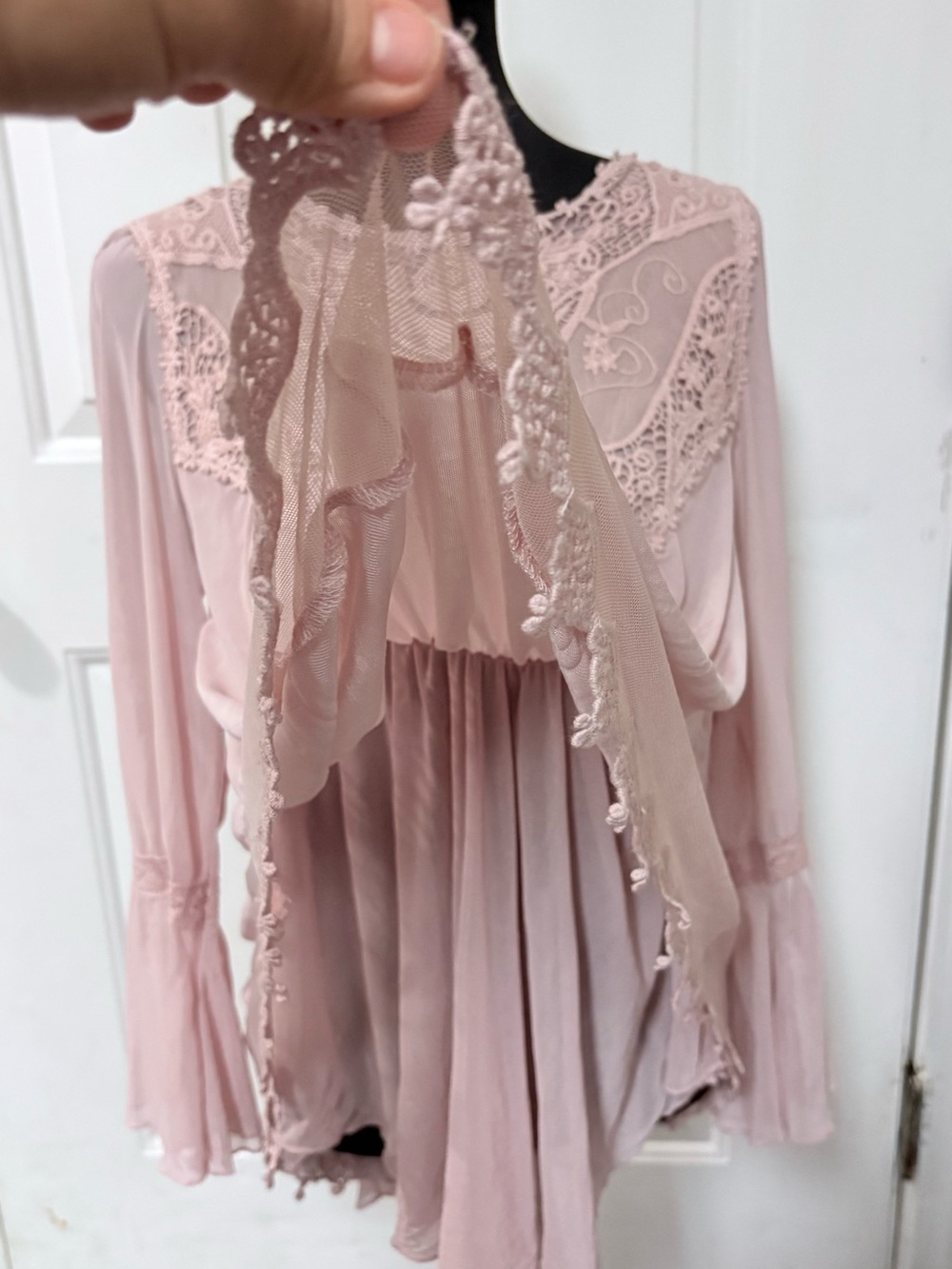 Ultra Pink Lace Yoke Sheer Flutter Blouse - Soft Pink - Picture 8 of 11